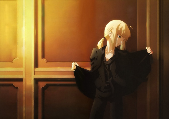 Saber from Fate/Zero in a black suit