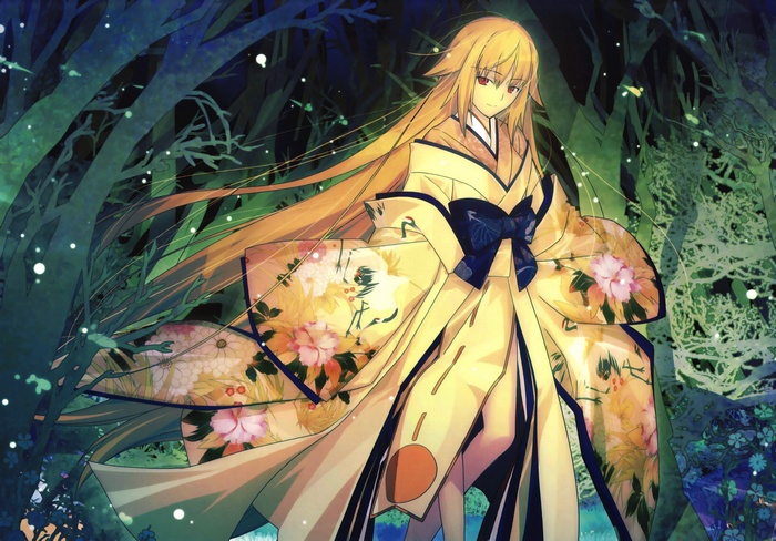anime, anime girls, Takeuchi Takashi, long hair, traditional clothing, blonde, Tsuki no Sango, Type-Moon, Tsuki no Musume, red eyes, kimono