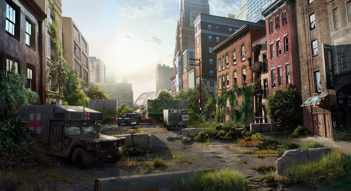 The Last of Us post-apocalyptic city street with vehicles