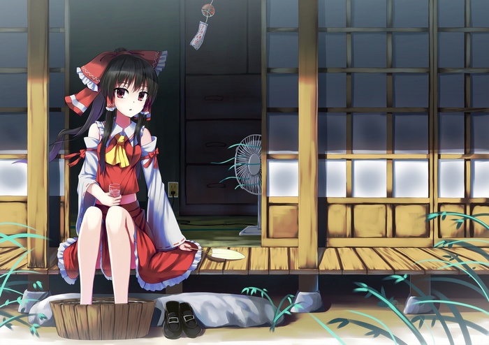 Hakurei Reimu soaking her feet in a tub