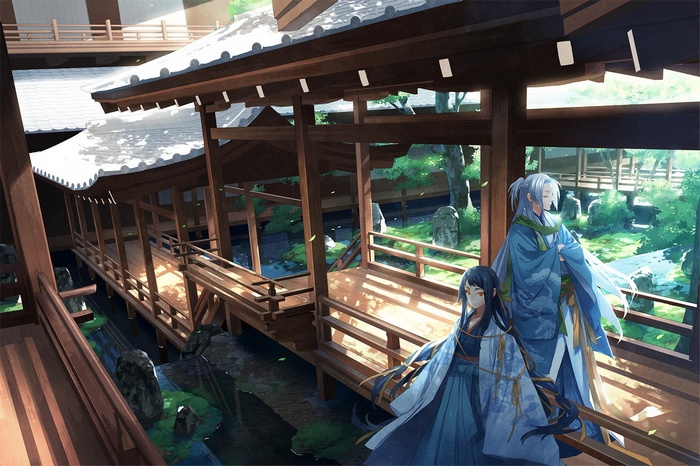 Anime girls in kimonos on a wooden bridge