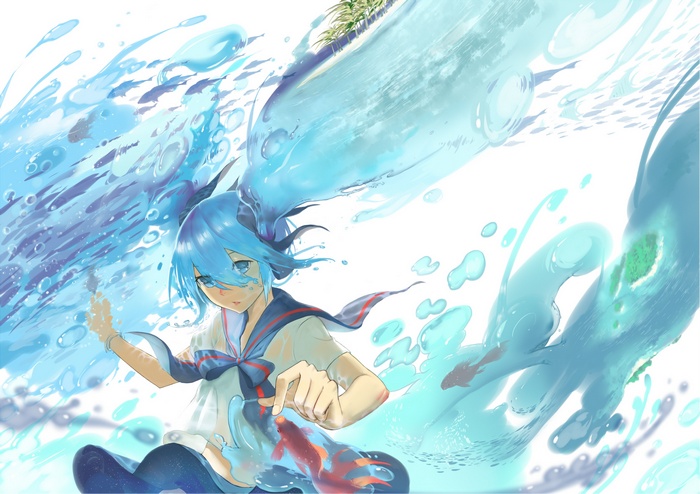 Hatsune Miku surrounded by water and fish