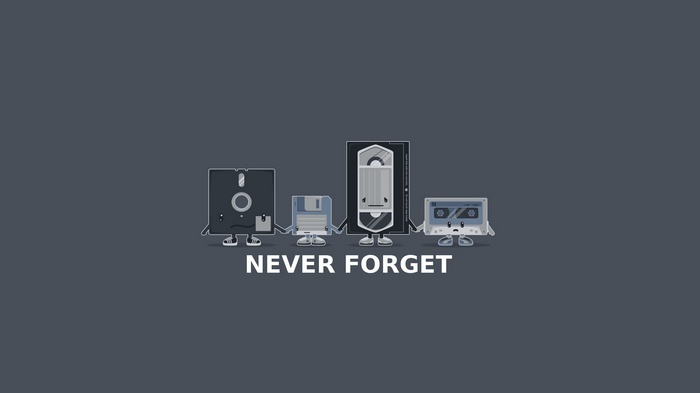 Floppy disks, VHS, and cassette tape characters holding hands