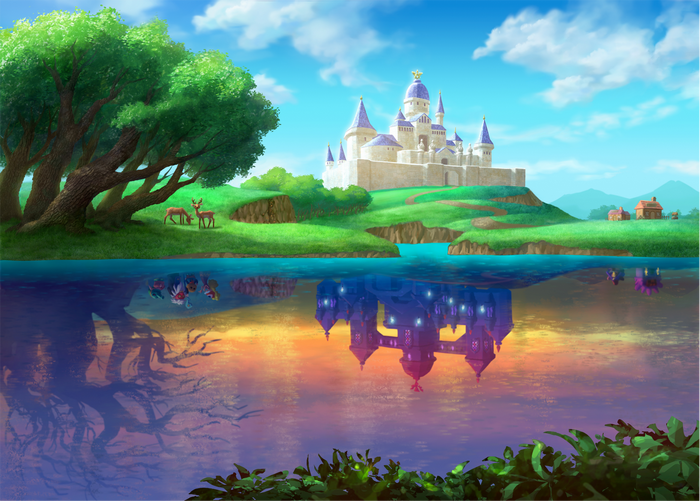 Castle and Deer Reflection in Water