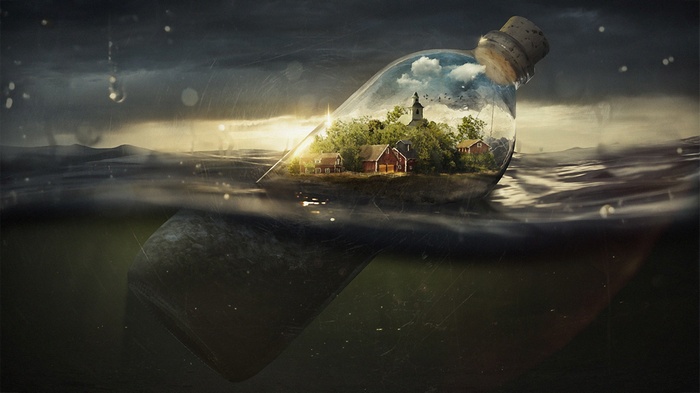 sea, water, photo manipulation, sea village, split view, abstract, water drops, digital art, village, bottles
