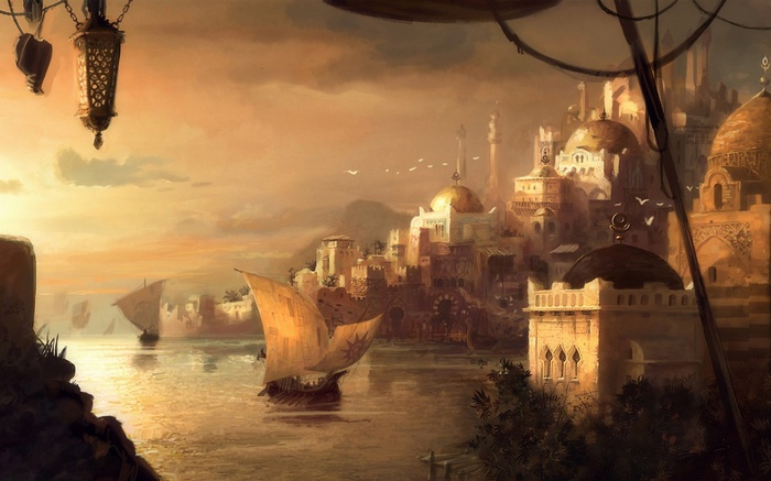 Fantasy city with sailing ships at sunset