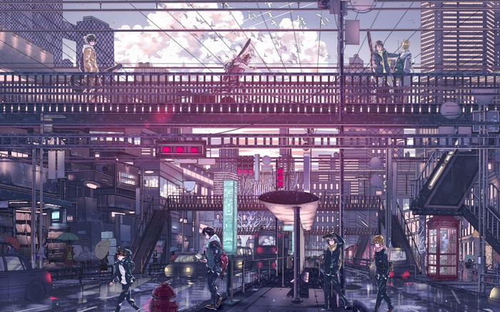 Anime cityscape with people on a bridge and street
