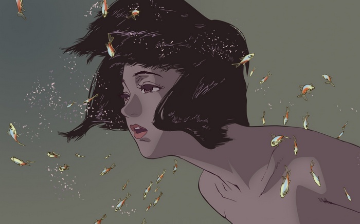 Perfect Blue anime girl underwater with fish