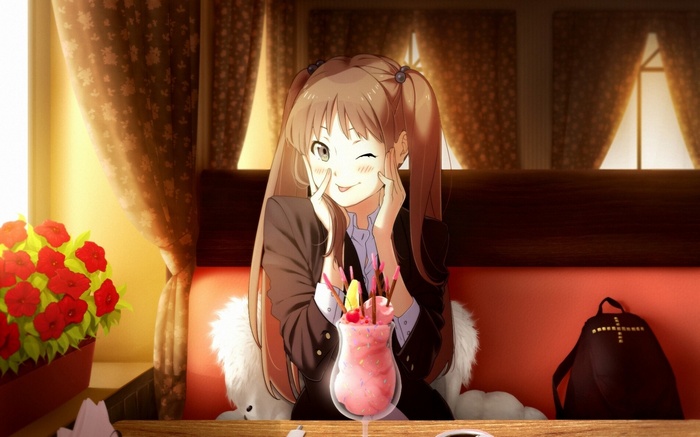Miyu Okamoto from Wake Up Girls! with a milkshake