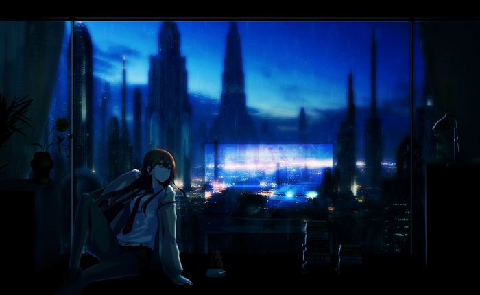 Makise Kurisu from Steins;Gate looking out at a rainy city