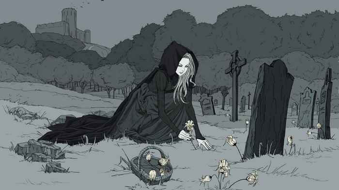 Fantasy girl in a graveyard with a castle in the background