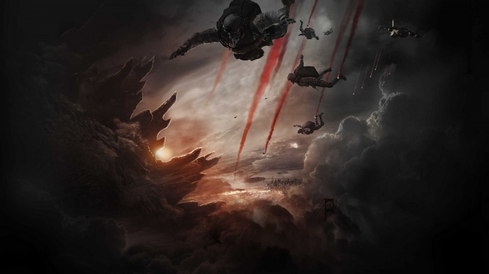 Godzilla airborne assault with red smoke trails
