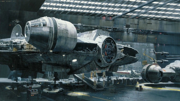 Millennium Falcon and X-wings in a hangar