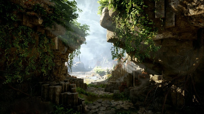 Dragon Age: Inquisition ruins with overgrown vegetation
