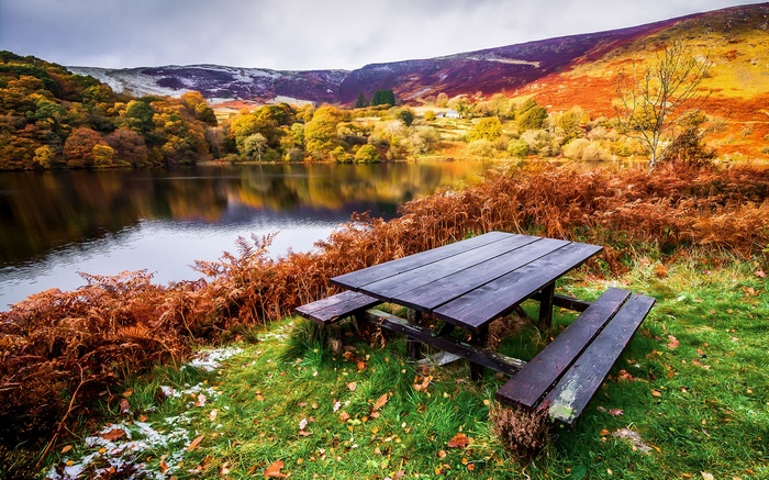 Autumn landscape with lake and picnic table