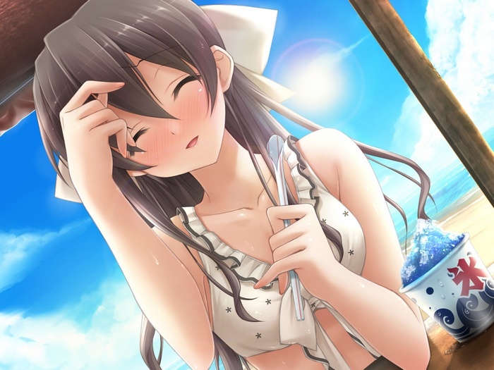 Anime girl with closed eyes holding a spoon at the beach