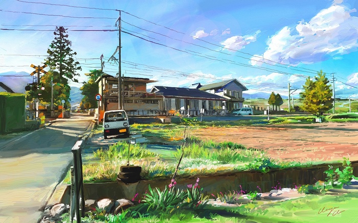 Anime artwork of a rural Japanese town with a train crossing