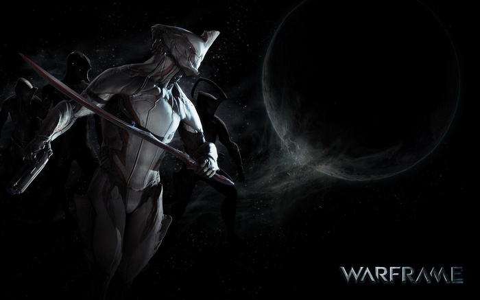 Excalibur Warframe with sword and gun in space