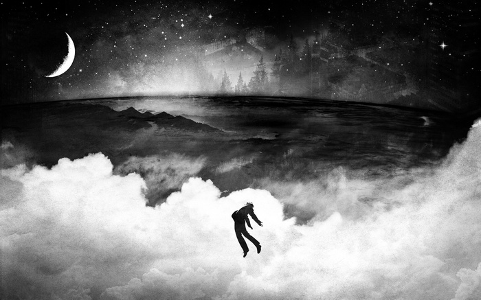 Artwork by Alex Cherry: Man Floating in Clouds Under Crescent Moon