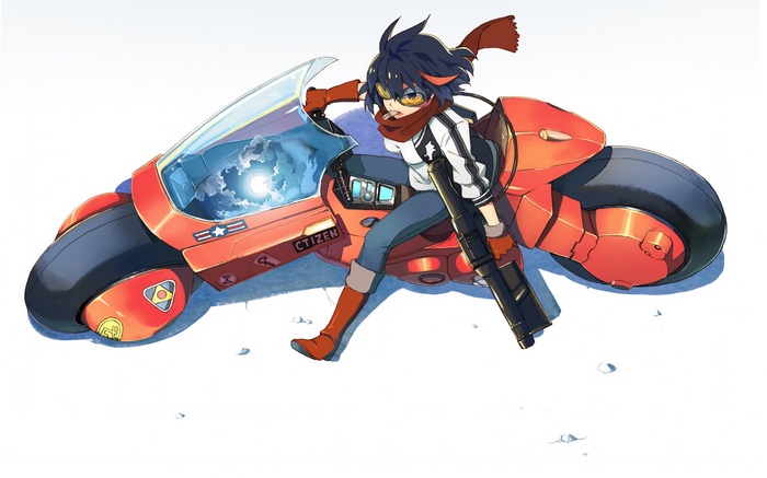Ryuko Matoi on a red motorcycle