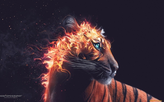 Tiger with fiery mane and glowing blue eyes