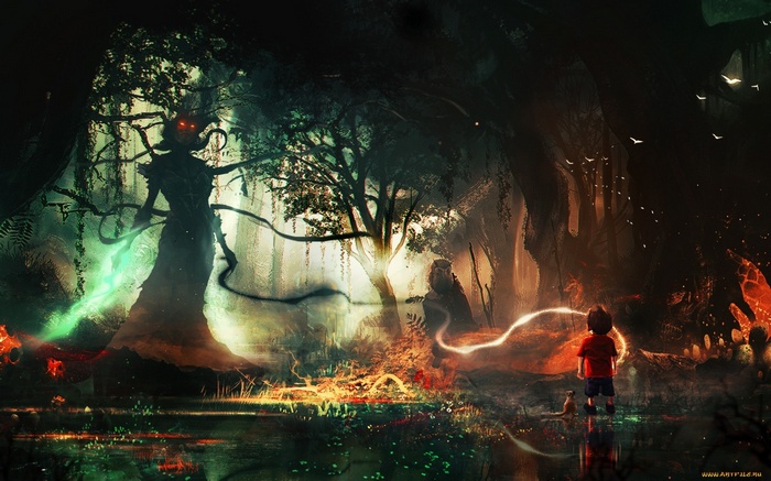 Fantasy forest with a child and a tree creature