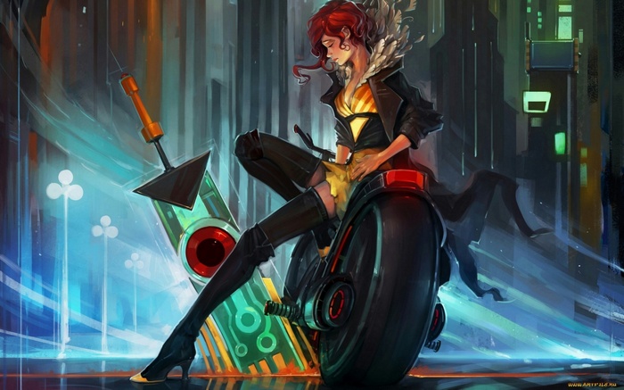 Redhead woman with sword and motorcycle in futuristic city