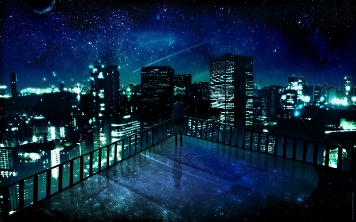 Anime girl on a balcony overlooking a starry city skyline