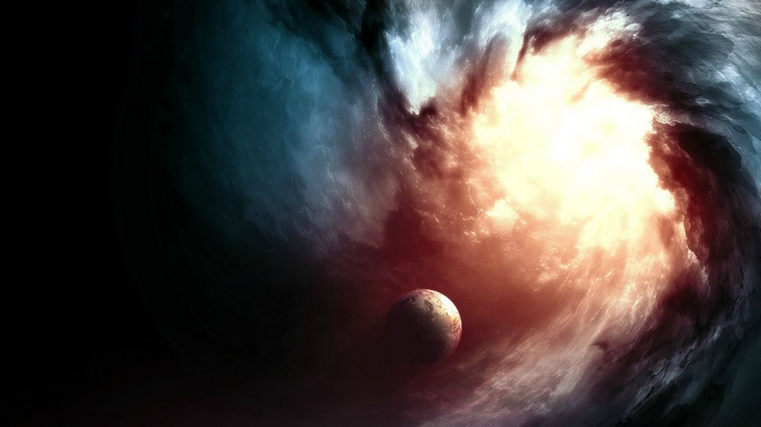 Planet in a cosmic nebula with swirling clouds