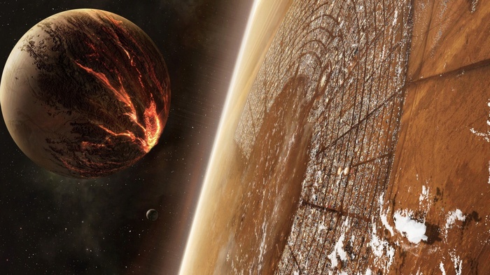 Apocalyptic planet with a city and a moon in space