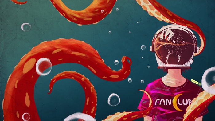 Tentacles and a person in a helmet with a globe