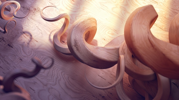3D rendered wooden spirals on a wooden surface