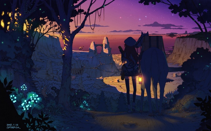 Anime girl with horse on a cliff at sunset