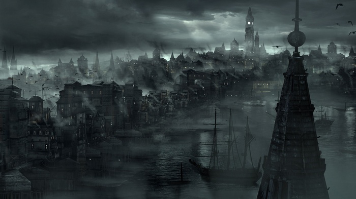 Dark fantasy city with river and boats