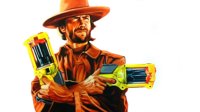 Artwork of a man with two Nerf guns