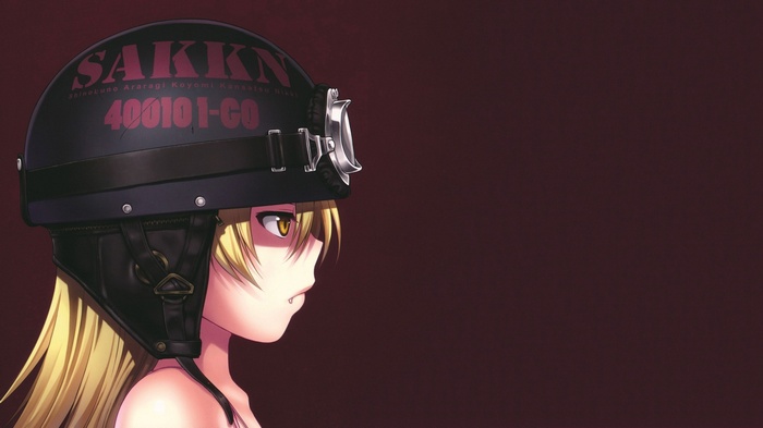 Oshino Shinobu wearing a helmet