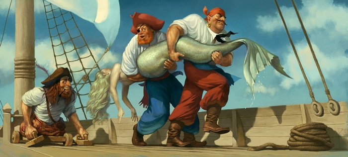 Pirates carrying a mermaid on a ship