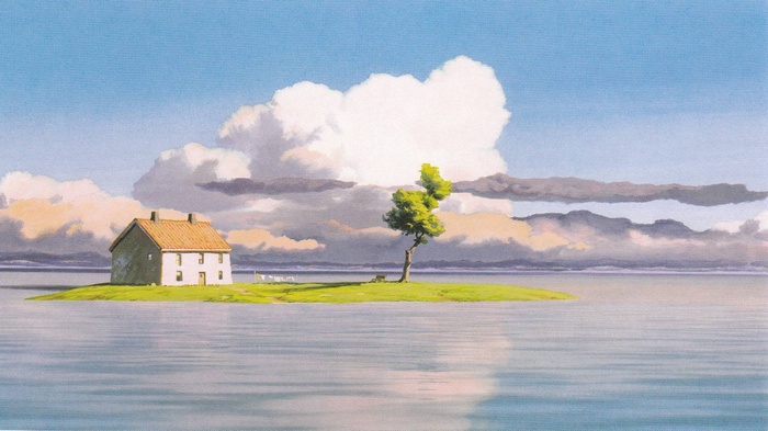 Painting of a house and tree on an island