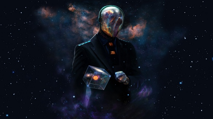 Man with galaxy for a head holds a cube of space