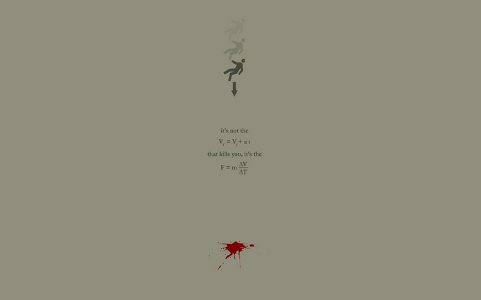 Minimalist science humor with falling man and physics equations