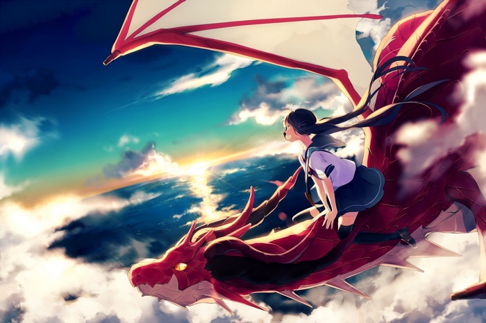 Anime girl riding a red dragon in the sky