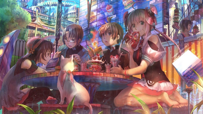 Anime characters eating at a cafe with a cat