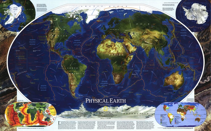 Physical Earth map showing tectonic plates and oceans
