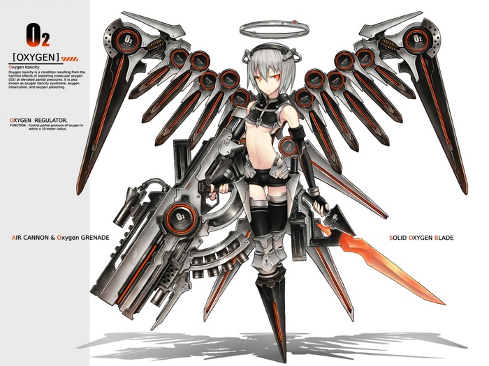 Anime girl with oxygen-themed mechanical wings and weapons