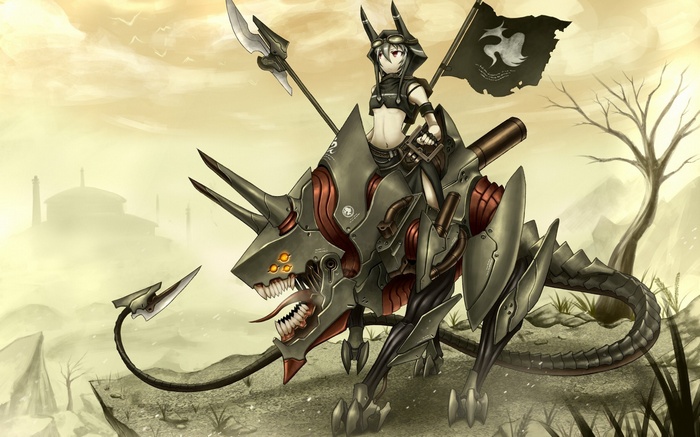 Anime girl riding a mechanical beast with a flag