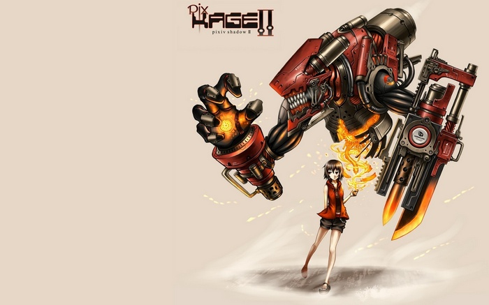 Anime girl and mech with fiery weapons