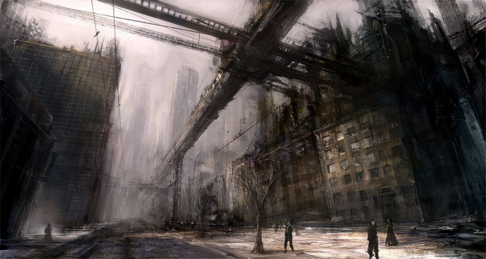 Digital artwork of a futuristic, dystopian city