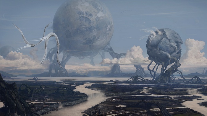 Alien planet with giant spheres and flying creatures
