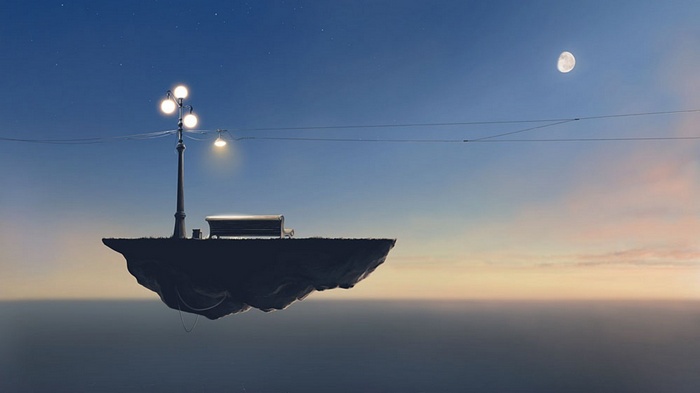 Floating island with a street lamp and bench under the moon