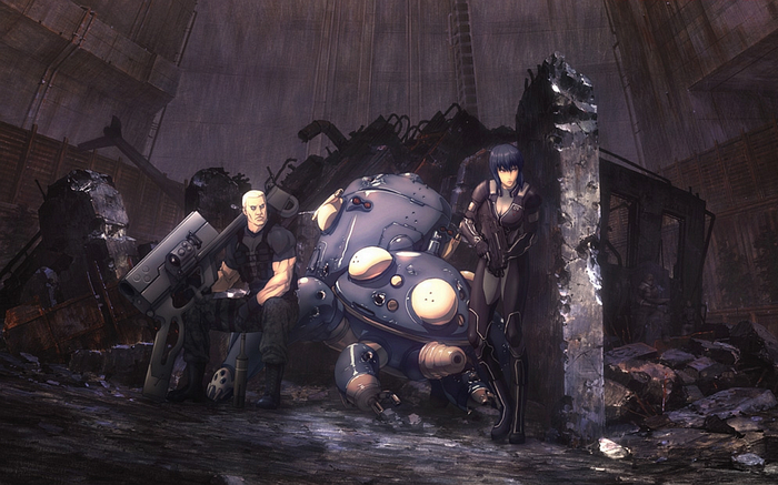 Ghost in the Shell characters with a Tachikoma